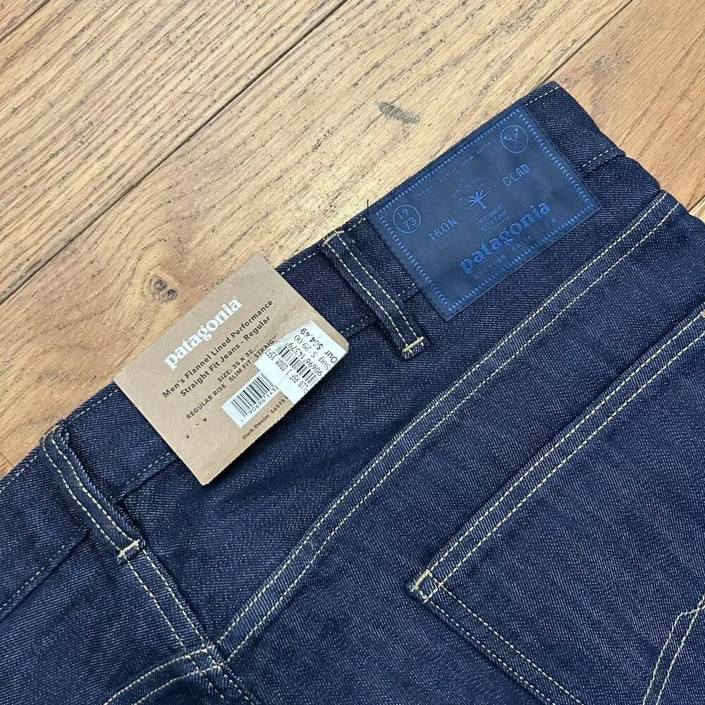 NEW Patagonia Flannel Lined Performance Straight Stretch Dark Wash Jeans 35x32
